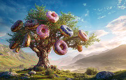 Surreal Tree Bearing Sweet Donut Fruits'