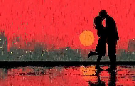 Silhouetted Lovers Rainy Red City'