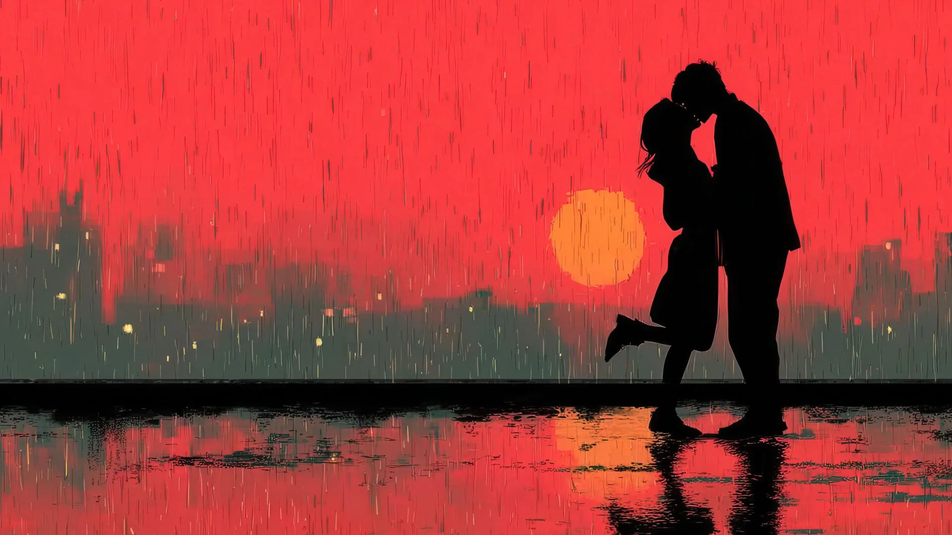 Silhouetted Lovers Rainy Red City picture 1 of 1