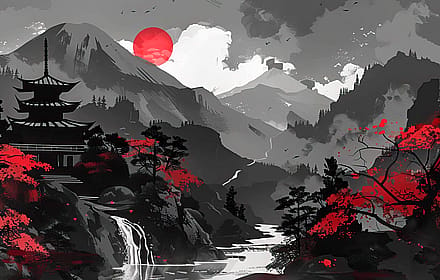 Red And Black Japanese Scenery Painting'