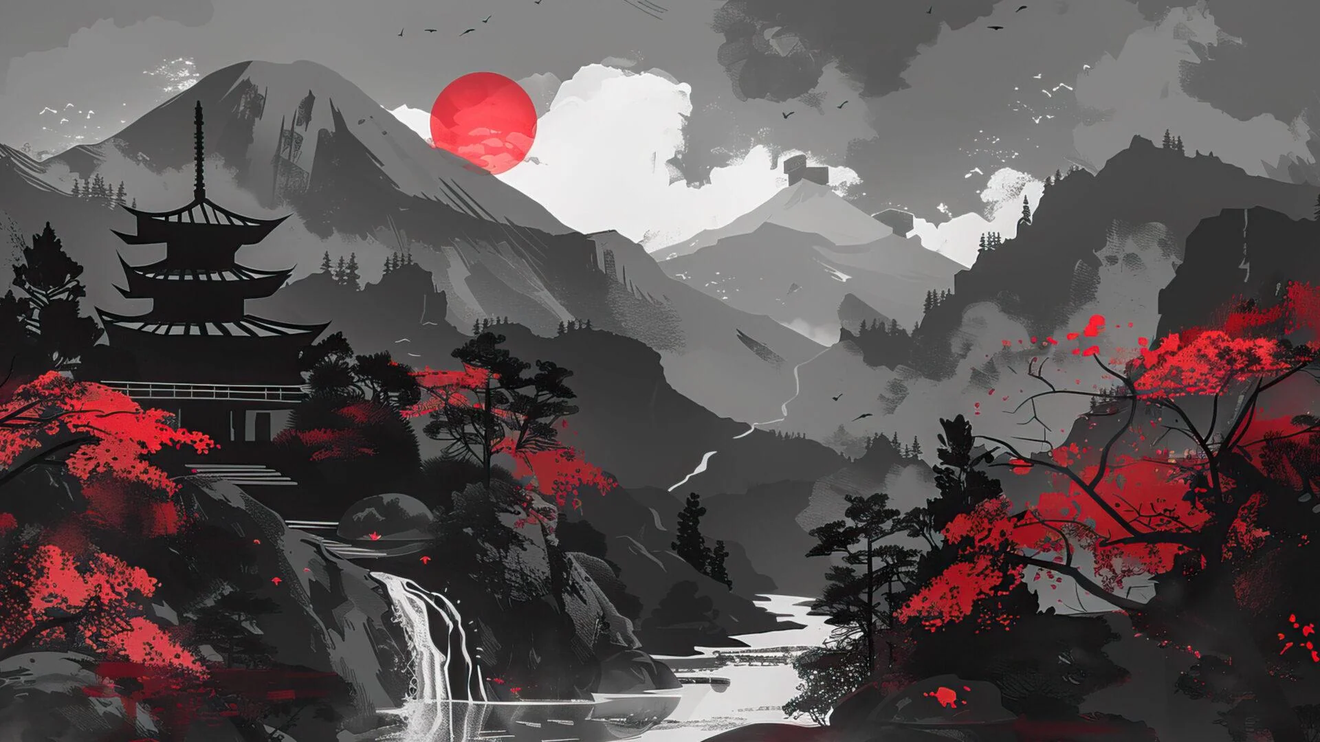 Red And Black Japanese Scenery Painting picture 1 of 1