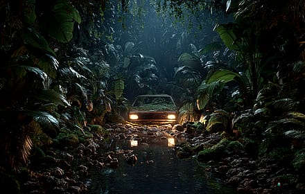 Nature Reclaiming Forgotten Car By A Jungle Stream'