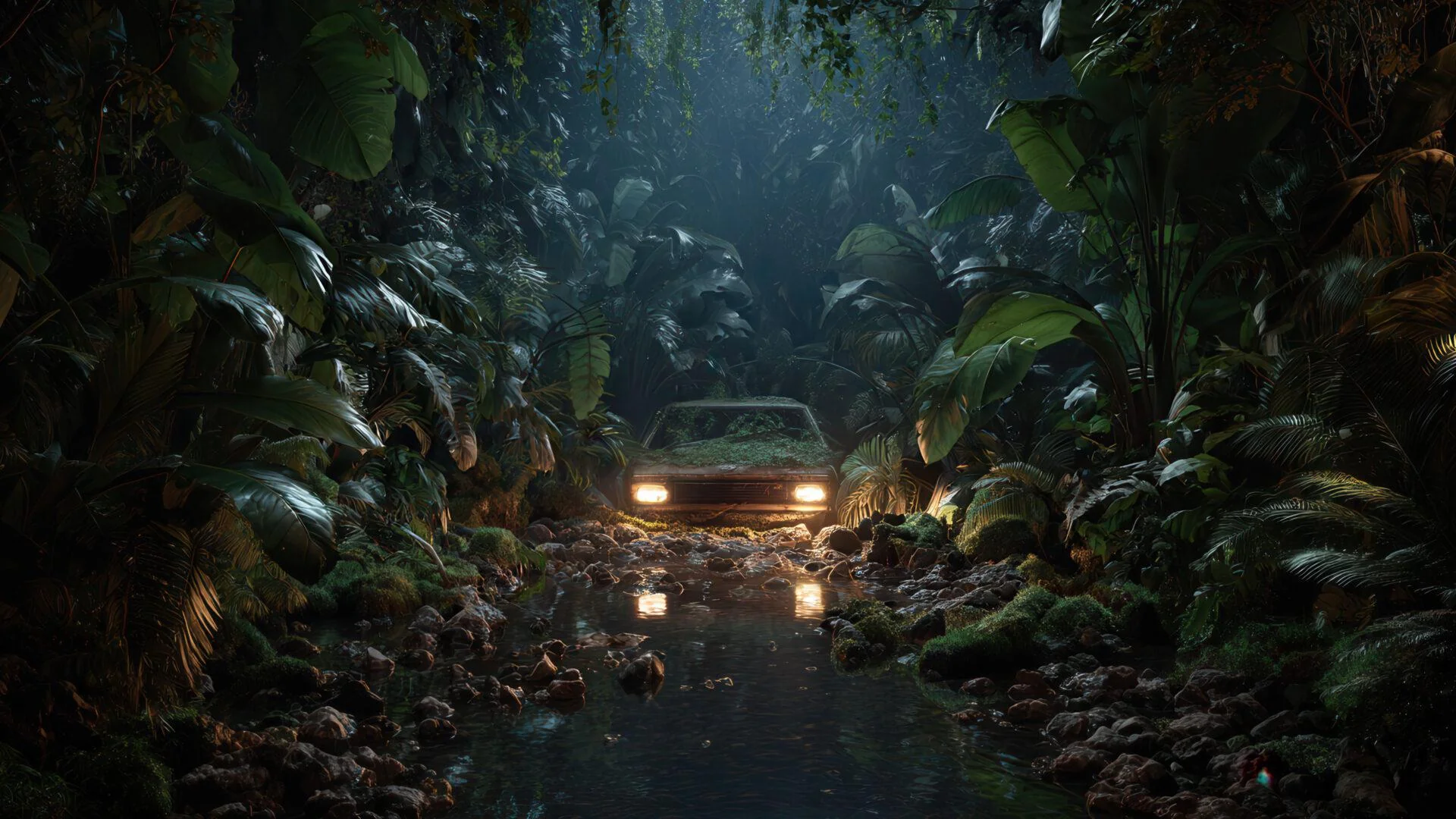 Nature Reclaiming Forgotten Car By A Jungle Stream picture 1 of 1