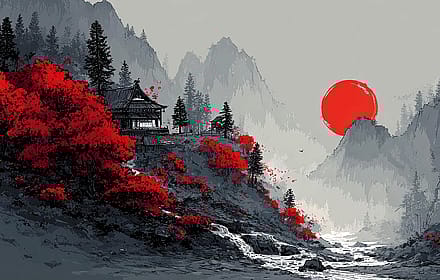 Traditional Japanese Scene With Vivid Red Autumn'