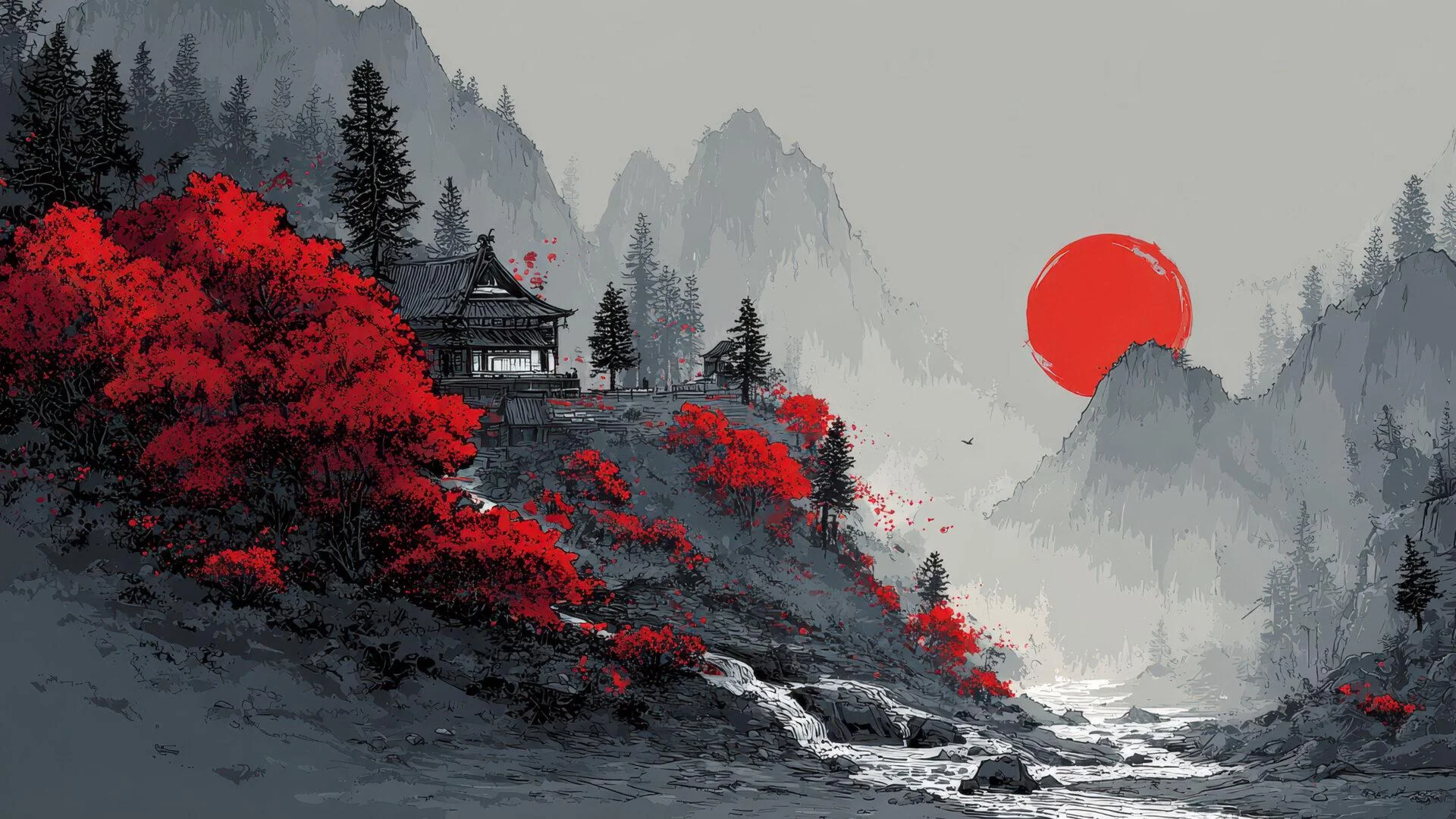 Traditional Japanese Scene With Vivid Red Autumn picture 1 of 1
