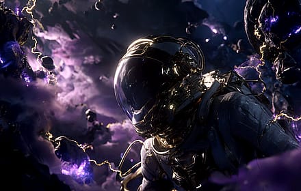 Golden Armored Astronaut Exploring Cosmic Storm'
