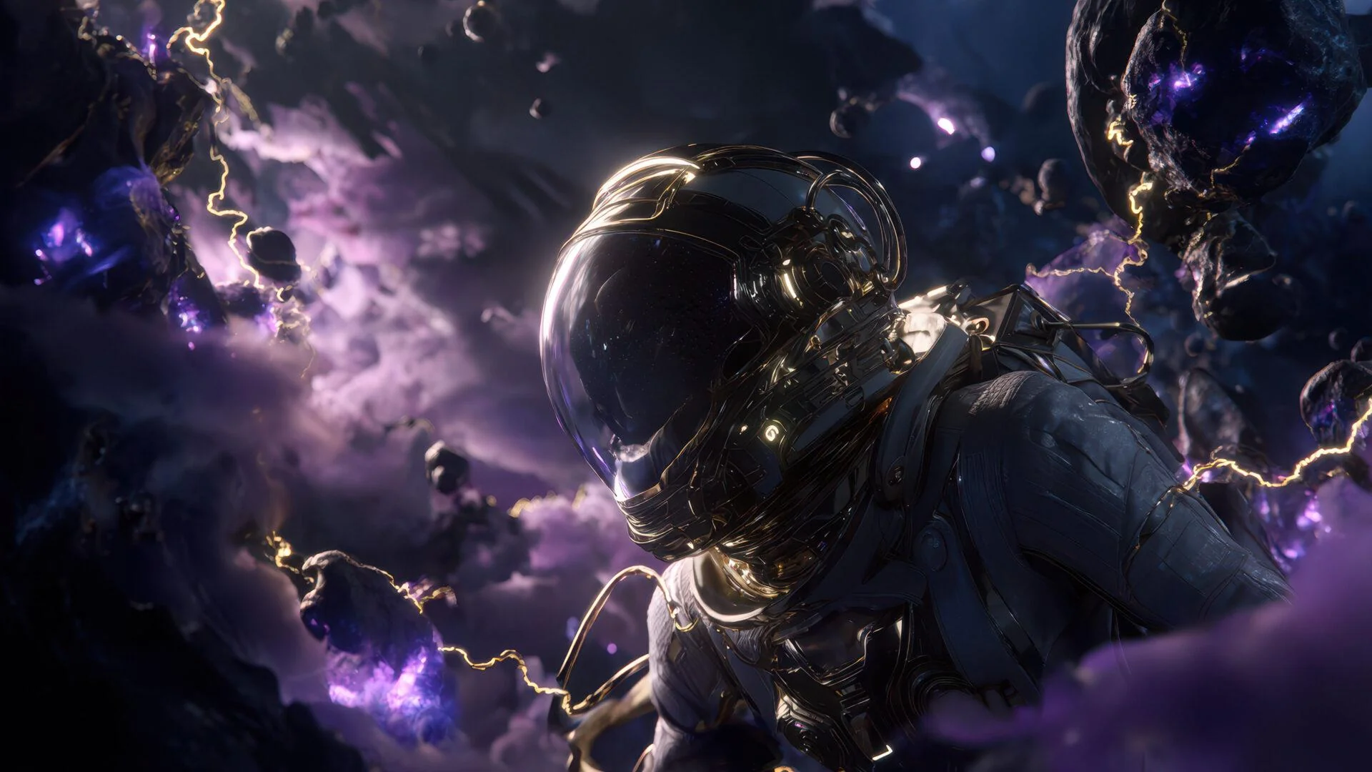 Golden Armored Astronaut Exploring Cosmic Storm picture 1 of 1