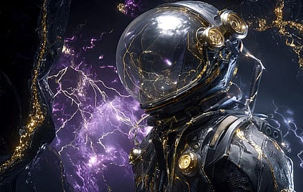 Futuristic Astronaut With Gold Lines Amidst Purple Lightning'