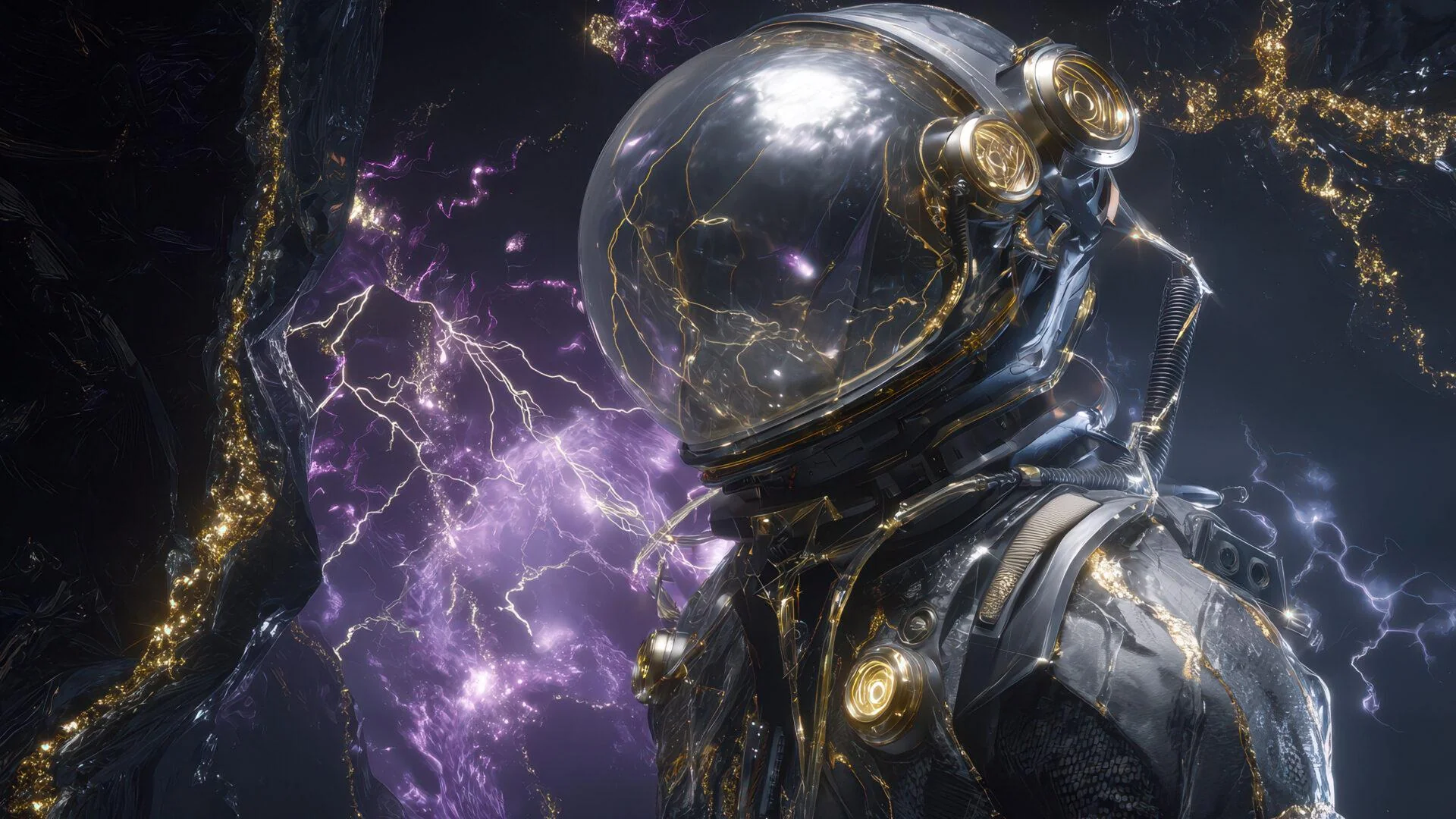 Futuristic Astronaut With Gold Lines Amidst Purple Lightning picture 1 of 1