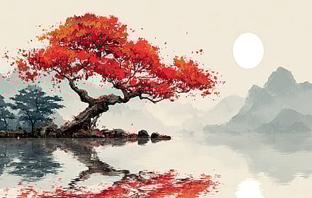Lakeside Red Tree Japanese Art Collection'