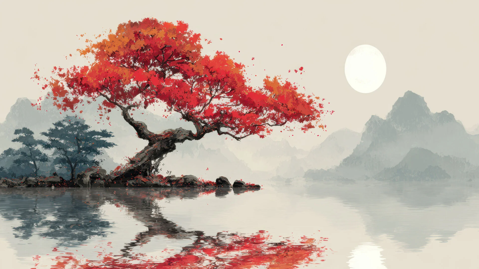 Lakeside Red Tree Japanese Art Collection picture 1 of 3