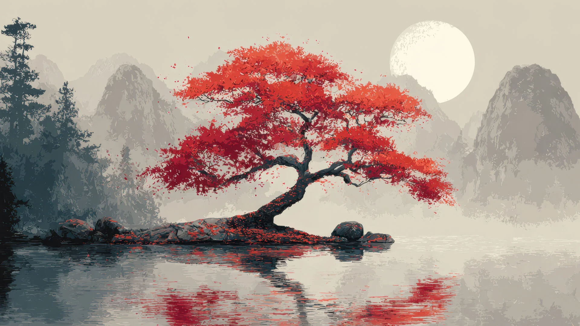 Lakeside Red Tree Japanese Art Collection picture 2 of 3