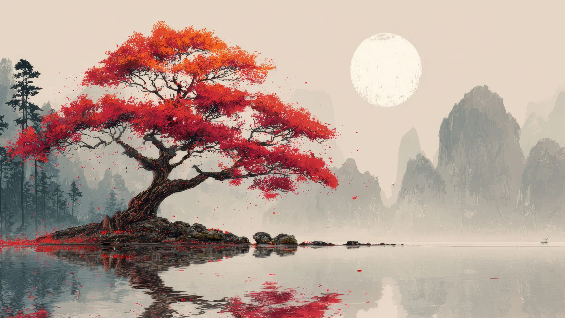 Lakeside Red Tree Japanese Art Collection picture 3 of 3