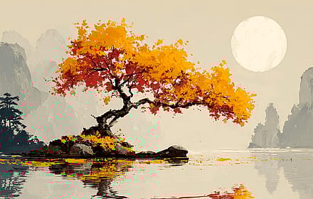 Serene Autumn Bonsai Tree By Moonlit Lake Japanese Art'