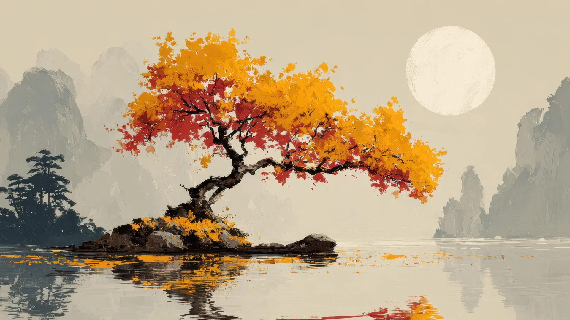 Serene Autumn Bonsai Tree By Moonlit Lake Japanese Art picture 1 of 1
