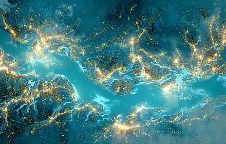 Luminous Blue Water Flowing With Golden Lights'