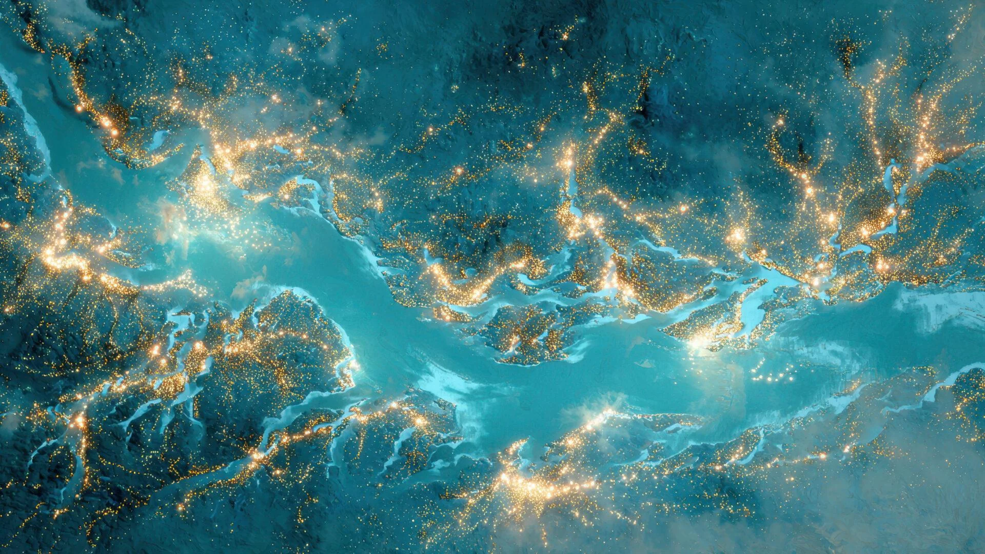 Luminous Blue Water Flowing With Golden Lights picture 1 of 1