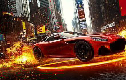 Red Car Surging Through The Flames AI'