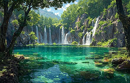 Forest Waterfalls Turquoise Lake Landscape'