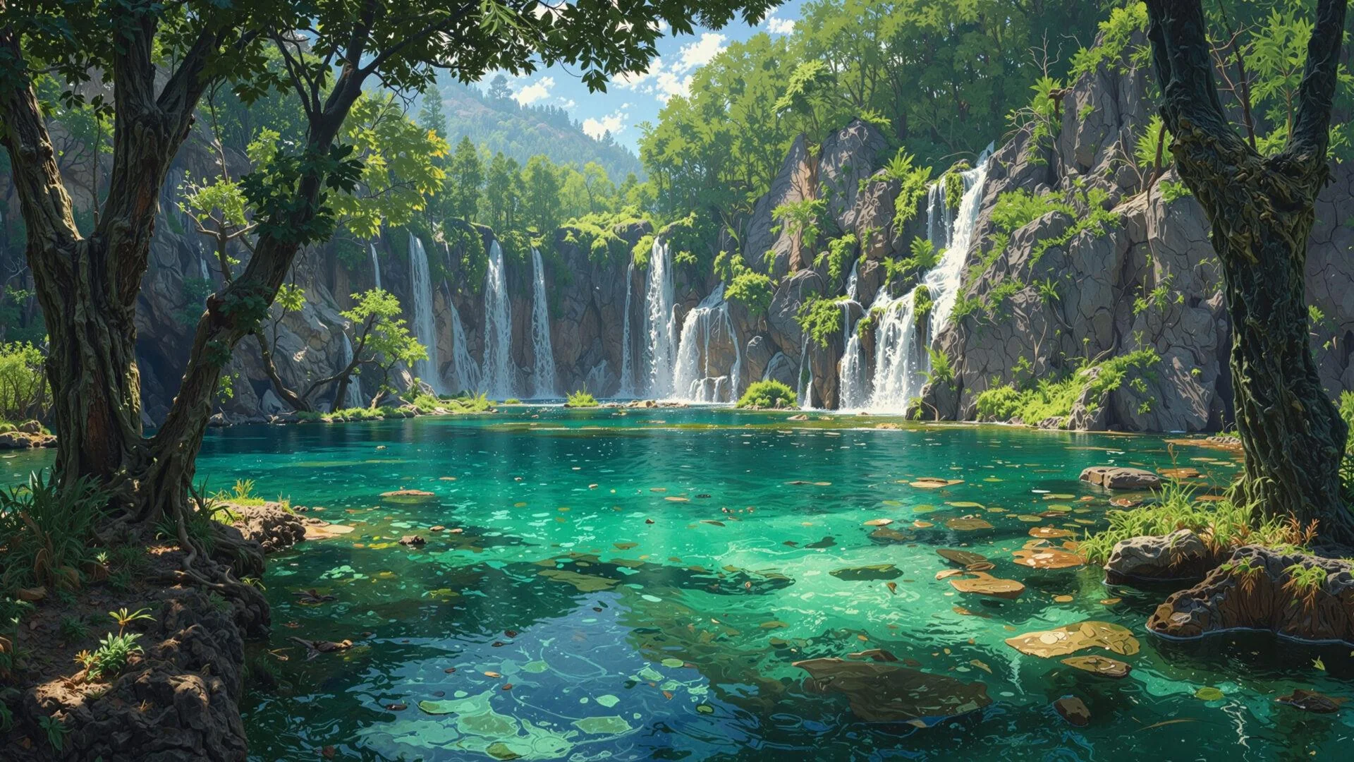 Forest Waterfalls Turquoise Lake Landscape picture 1 of 1