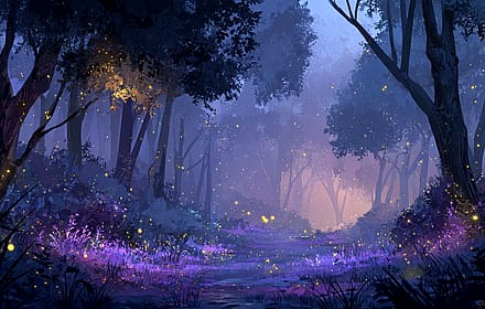 Twilight Forest Path Purple Foliage Fireflies'