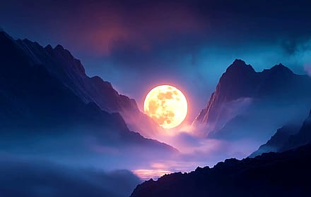 Full Moon Over Mountain Valley Water Fog'