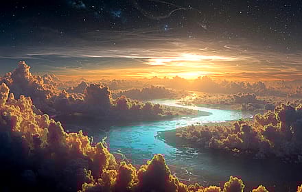 Golden Clouds Blue River Sunset Starry Sky'