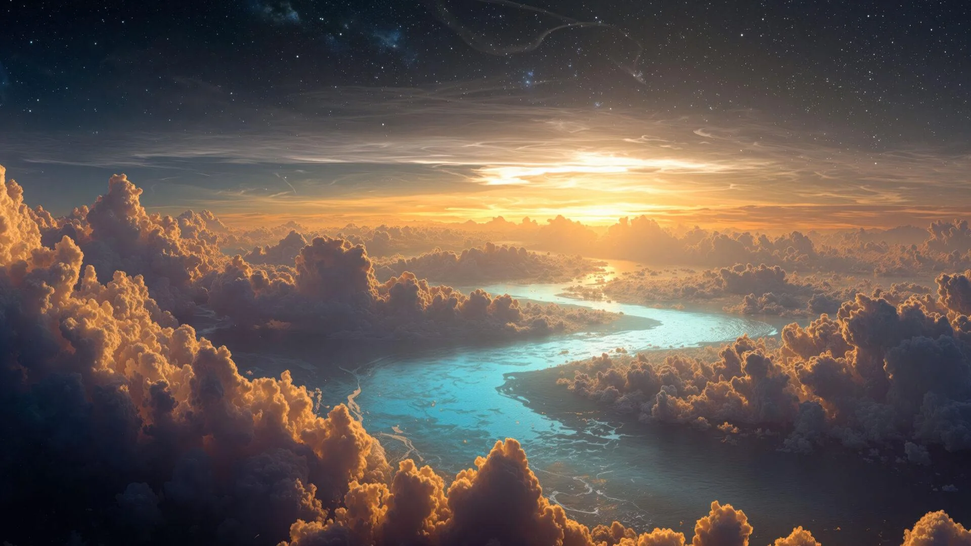 Golden Clouds Blue River Sunset Starry Sky picture 1 of 1