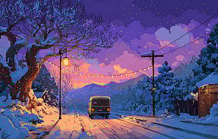 Winter Evening Snowy Road Bus String Lights Sunset'