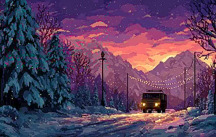 Pixel Art Winter Evening Landscape With Truck On Snowy Road'