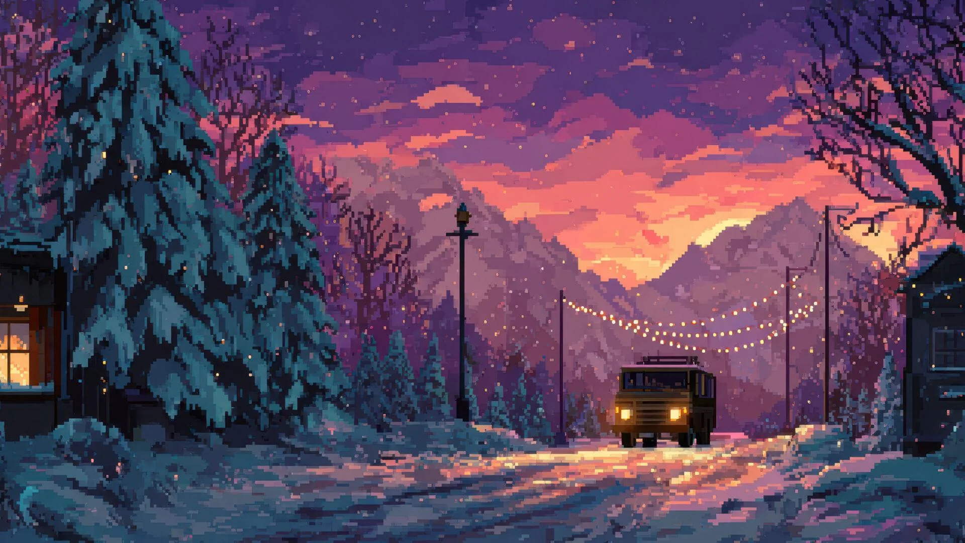 Pixel Art Winter Evening Landscape With Truck On Snowy Road picture 1 of 1