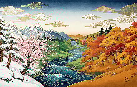 Four Seasons Landscape Transition in Cloisonné + Ukiyo-e'