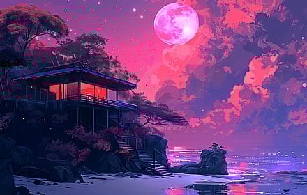 Neon Moon Over a Silent Shore'