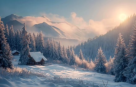 Morning sunlight over a snowy alpine forest'