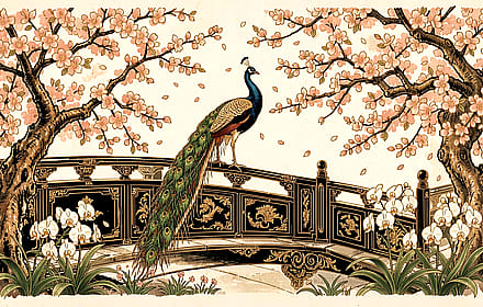 peacock with cherry blossom'