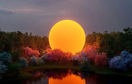 Sunset Glow Over Colorful Forest and Lake'