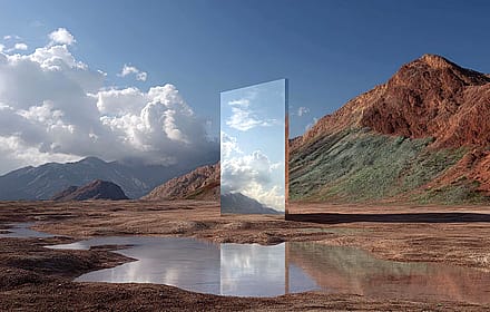 Surreal Landscape with Reflective Mirror Portal'